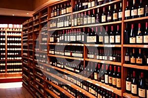 Bottles of wine for sale on shelves of retail shop supermarket