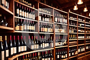 Bottles of wine for sale on shelves of retail shop supermarket