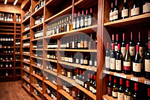 Bottles of wine for sale on shelves of retail shop supermarket