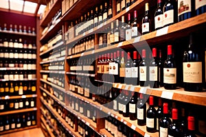 Bottles of wine for sale on shelves of retail shop supermarket