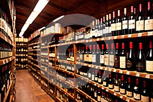 Bottles of wine for sale on shelves of retail shop supermarket