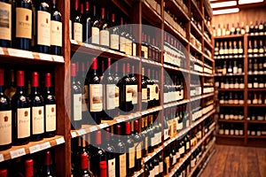 Bottles of wine for sale on shelves of retail shop supermarket