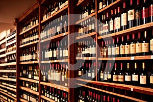 Bottles of wine for sale on shelves of retail shop supermarket