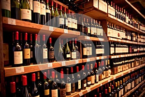 Bottles of wine for sale on shelves of retail shop supermarket