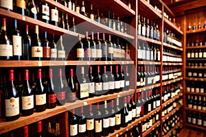 Bottles of wine for sale on shelves of retail shop supermarket