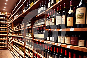 Bottles of wine for sale on shelves of retail shop supermarket