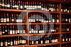 Bottles of wine for sale on shelves of retail shop supermarket