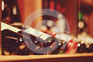 Bottles of wine on in wine bar or wine shop