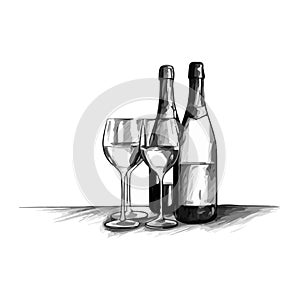 Bottles of wine and two wine glasses, simple contour sketch, silhouette on white background, doodle minimalistic style