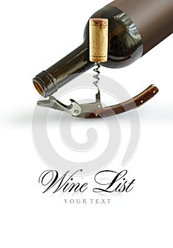 Bottles of wine with vintage corkscrews and a cork on a white background. Design element for wine list or tasting