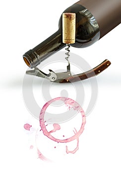 Bottles of wine with vintage corkscrews and a cork on a white background. Design element for wine list or tasting