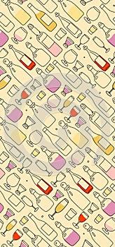Bottles and wineglasses with alcoholic drinks on yellow background seamless pattern. Hand drawn vector illustration