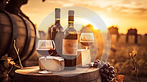 Bottles And Wineglasses With Grapes And Barrel In Rural Scene