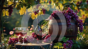 Bottles, wineglasses, grapes, and barrel in rustic rural setting evoke countryside charm. Ai Generated