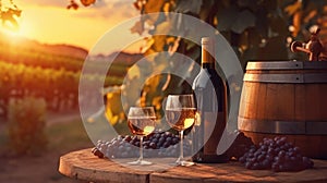 Bottles and wineglasses with grapes and barrel in vineyard scene background