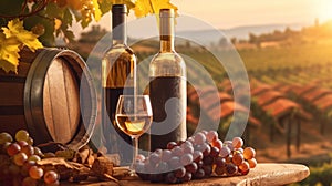 Bottles and wineglasses with grapes and barrel in vineyard scene background