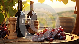 Bottles and wineglasses with grapes and barrel in vineyard scene background