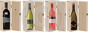 Bottles of wines of different color with wooden packaging photo