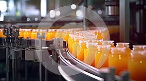 Bottling juice line at the plant. Conveyor belt, juice in bottles, industrial production line