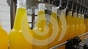 Bottling lemonade at the factory. Production of beverages - carbonated lemonade, in plastic bottles.