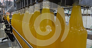 Bottling lemonade at the factory. Production of beverages - carbonated lemonade, in plastic bottles.