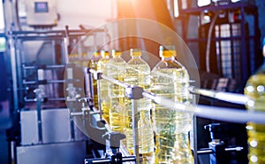 Bottling line of sunflower oil in bottles. Vegetable oil production plant.