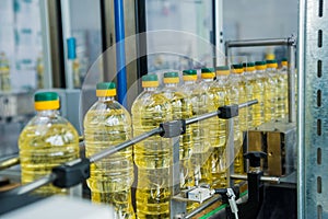 Bottling line of sunflower oil in bottles. Vegetable oil production plant.