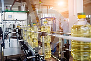 Bottling line of sunflower oil in bottles. Vegetable oil production plant.