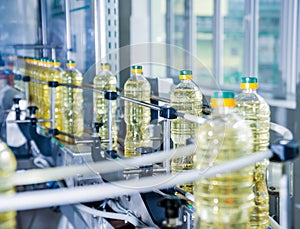 Bottling line of sunflower oil in bottles. Vegetable oil production plant.