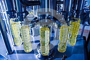 Bottling line of sunflower oil in bottles. Vegetable oil production plant