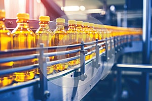 Bottling line of sunflower oil in bottles. Vegetable oil production plant. Industrial background