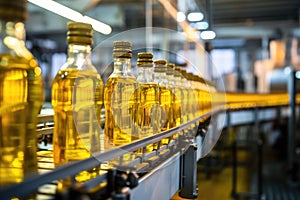Bottling line of sunflower oil in bottles. Vegetable oil production plant. Industrial background