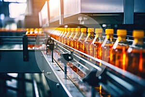 Bottling line of sunflower oil in bottles. Vegetable oil production plant. Industrial background