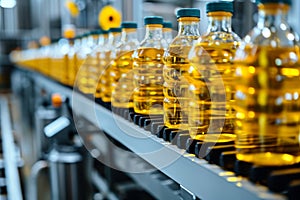 Bottling line of sunflower oil in bottles. Vegetable oil production plant. Industrial background