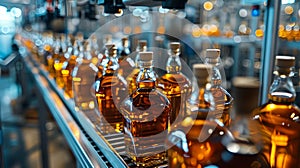 Bottling plant in action, amber glass bottles on conveyor belt. Production line, manufacturing process, industrial