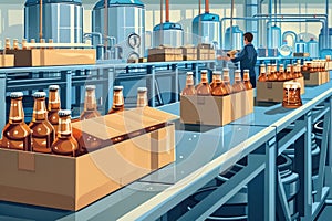 Bottling plant on a beer factory. Conveyor belt with beer bottles in cardboard boxes.