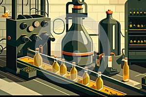 bottling plant with conveyor belts moving bottles of olive oil and labeling machines in the background