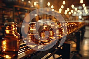 Bottling process at beer factory, bottles travel on conveyor in modern brewery