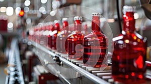 Bottling Process in Beverage Factory: Red Liquid in Clear Bottles