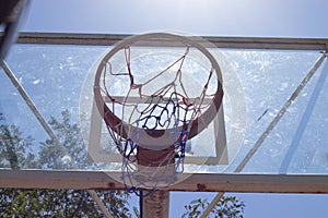 From the bottom of the basketball hoop