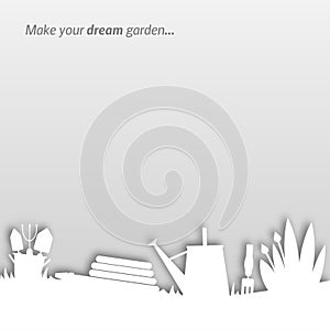 Bottom border  with gardenning tools and plants for site, print and catalog background. photo