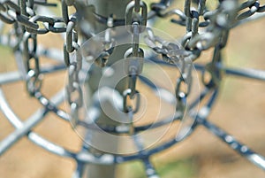The bottom chains of a frisbee golf net