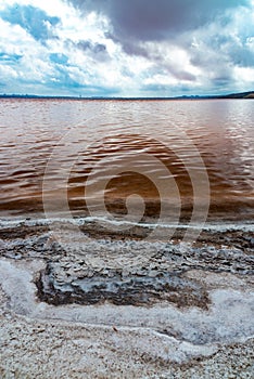 The bottom of the dried-up Kuyalnitsky estuary, covered with a layer of white self-precipitating table salt, clouds are reflected