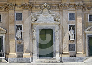 Bottom half of the facade of the Chiesa del Gesu in Piazza Matteotti in Genoa, Italy.