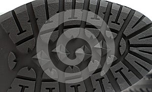 Bottom of a men`s black winter boot, patterns and texture