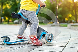 Bottom part and legs of cute adorable little caucasian toddler boy in having fun riding three-wheeled balance run bike