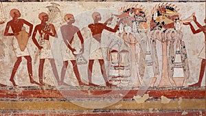 Bottom register of a fresco in the south wing end wall of the transverse chamber of TT69 featuring the worship of Osiris.