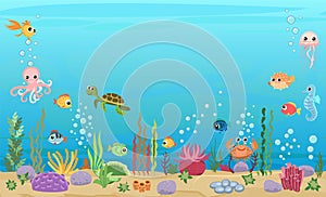 Bottom of reservoir with fish and turtle. Blue water. Sea ocean. Underwater landscape with animals. plants, algae and