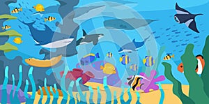 Bottom sea or ocean with corals reef, tropical fish, sharks, whales and rays. Vector illustration of underwater marine landscape