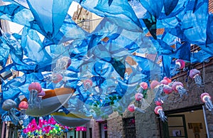 Bottom of the sea recreation in a decorate street of Gracia Festa Major in Barcelona.